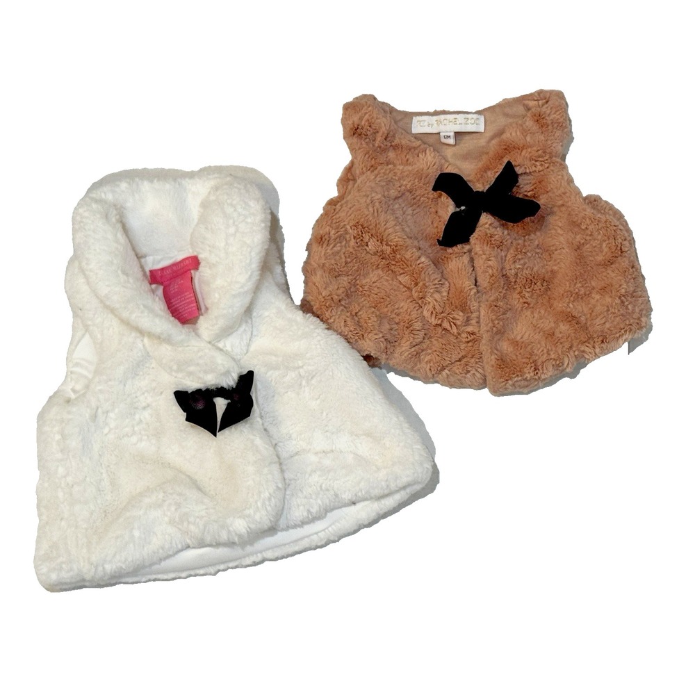 2 Girls Soft Faux Fur Vest Size 12 Months Isaac Mizrahi RZ Rachel Zoe White Bows